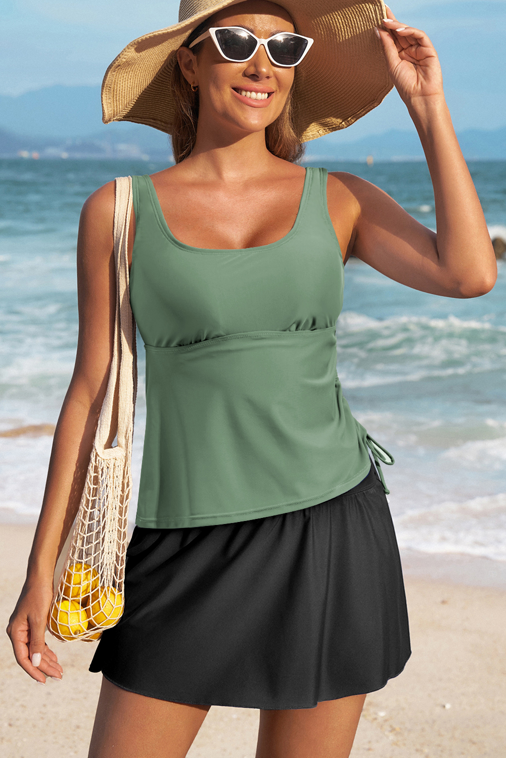 Mist Green Scoop Neck Adjustable Tankini and Matching Skort Bathing Su