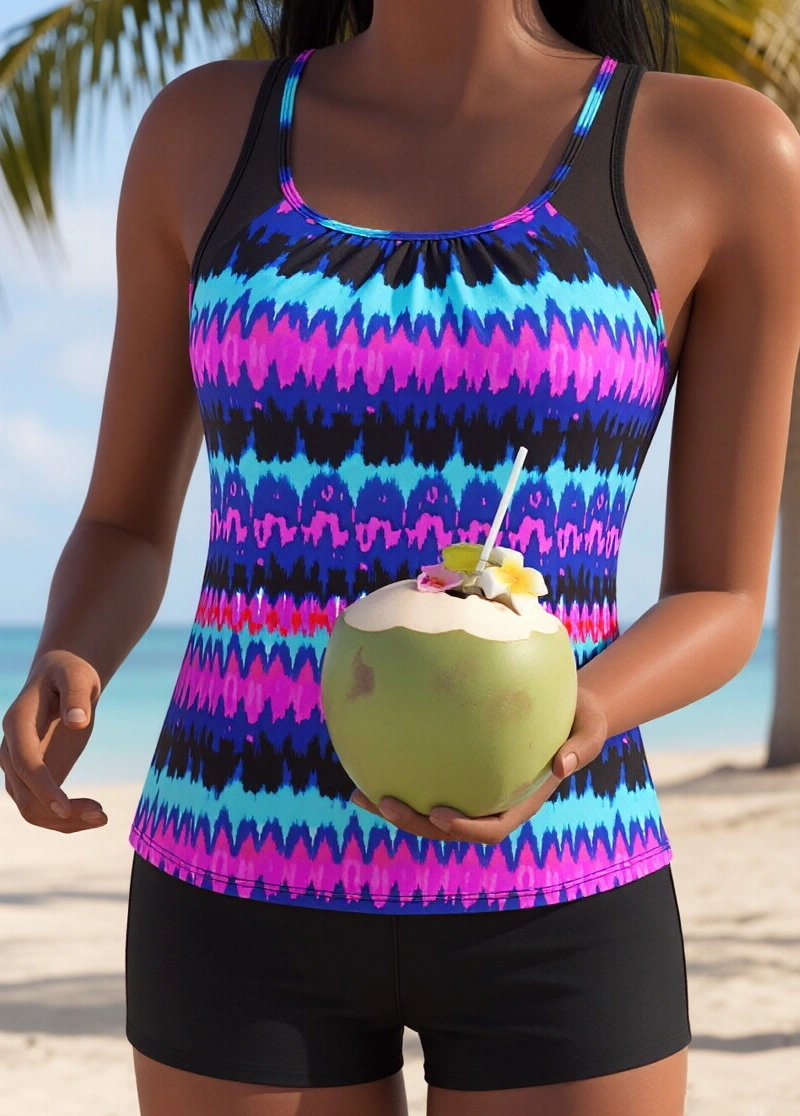 Tummy Coverage Mid Waisted   Printed  Tankini Set