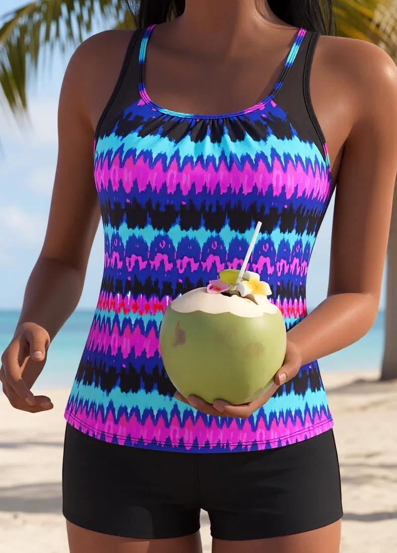 Tummy Coverage Mid Waisted   Printed  Tankini Set