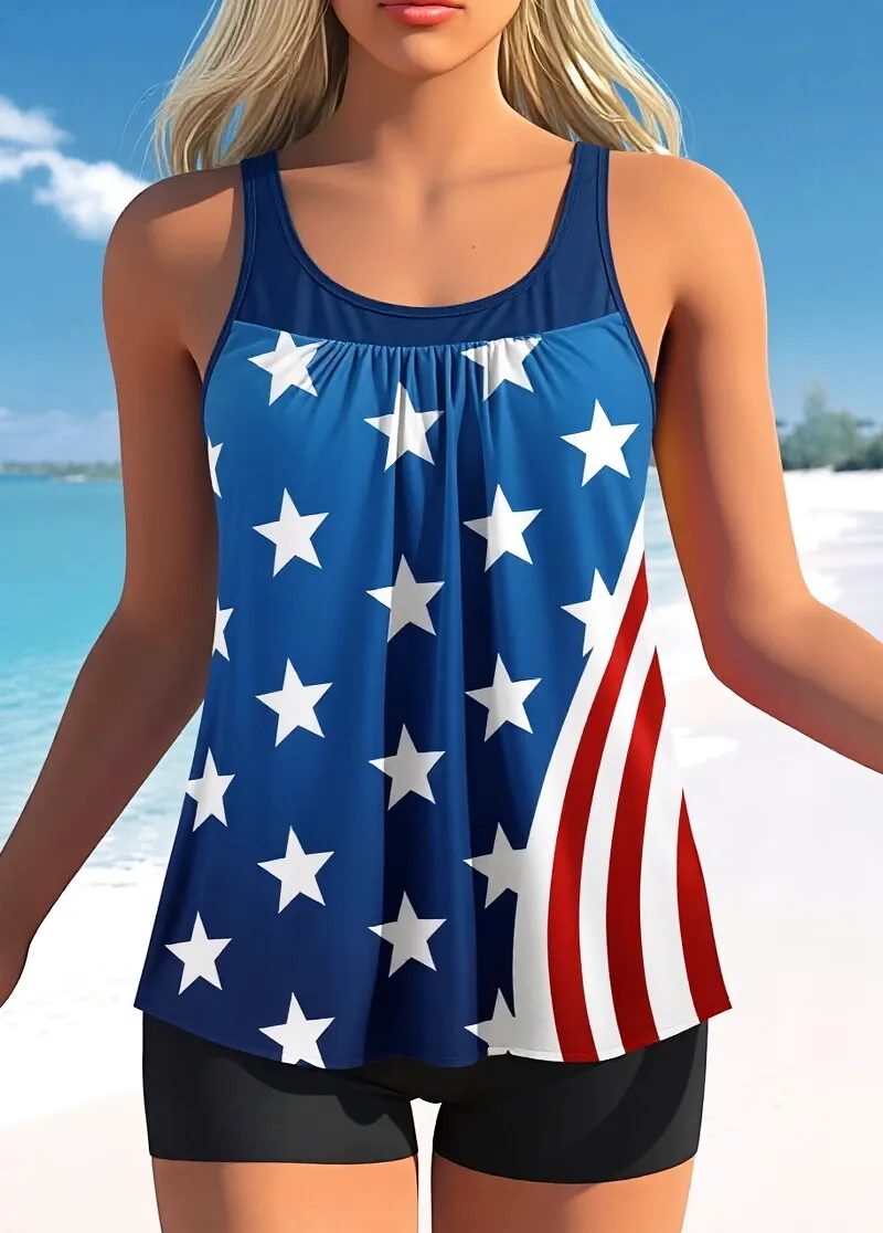 Mid Waisted Flag Print Tankini Set