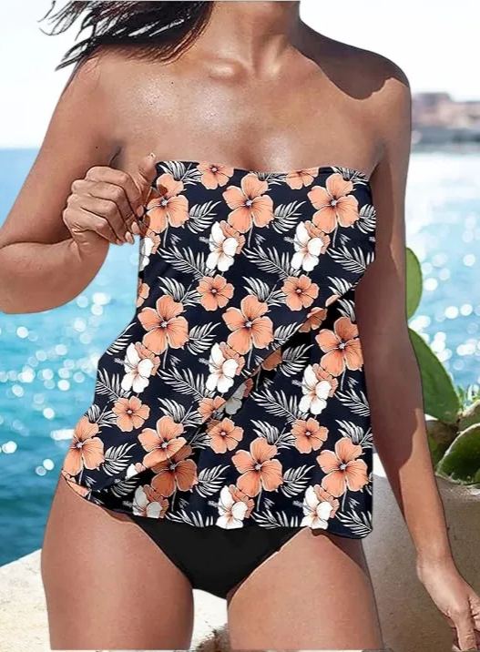 Off Shoulder Bandeau  Strapless Tankini Bathing Suit