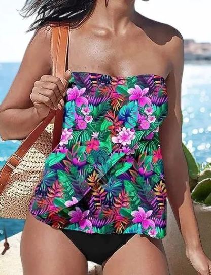 Off Shoulder Bandeau  Strapless Tankini Bathing Suit