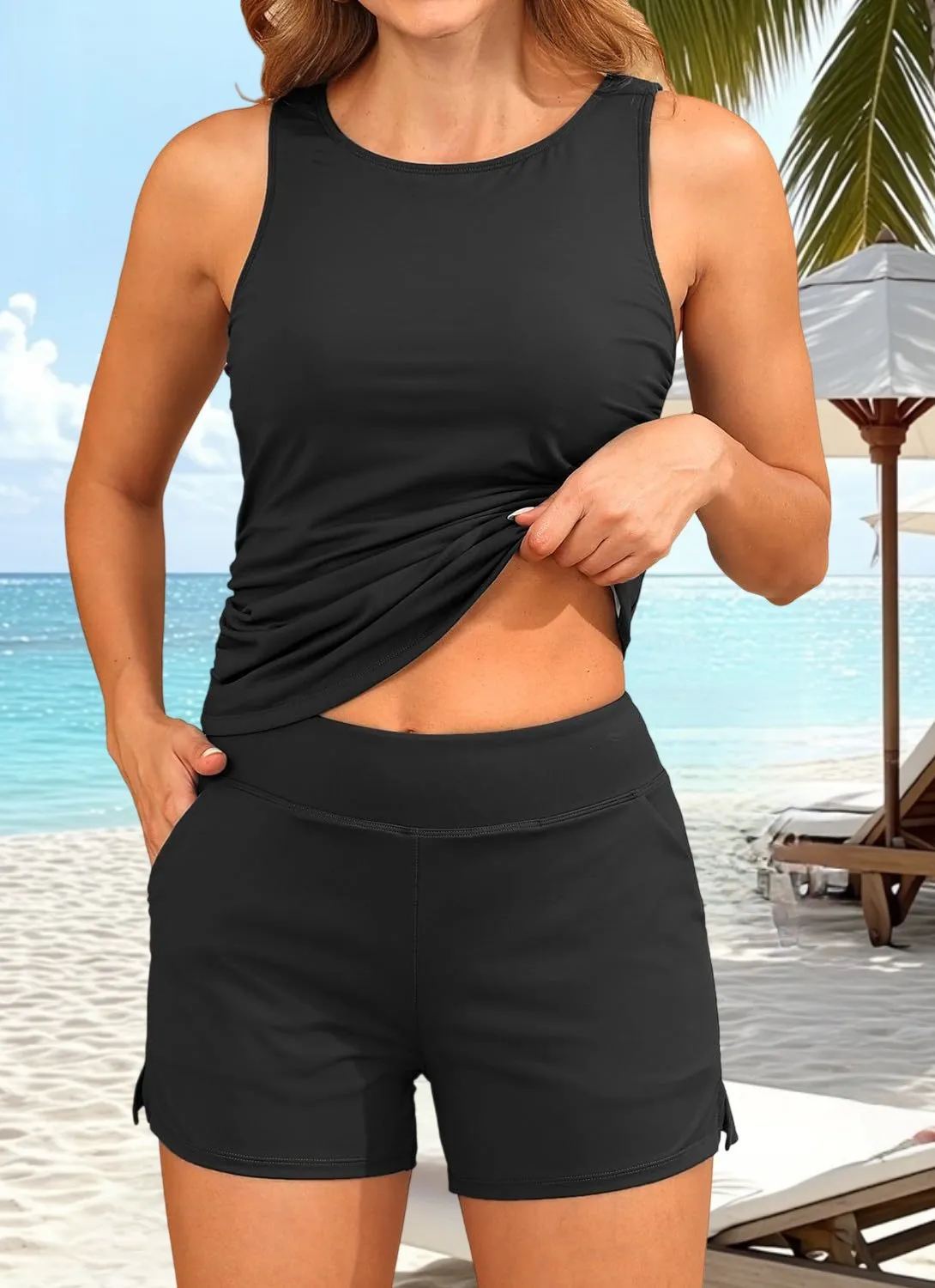  High Neck Wide Straps Tankini Set