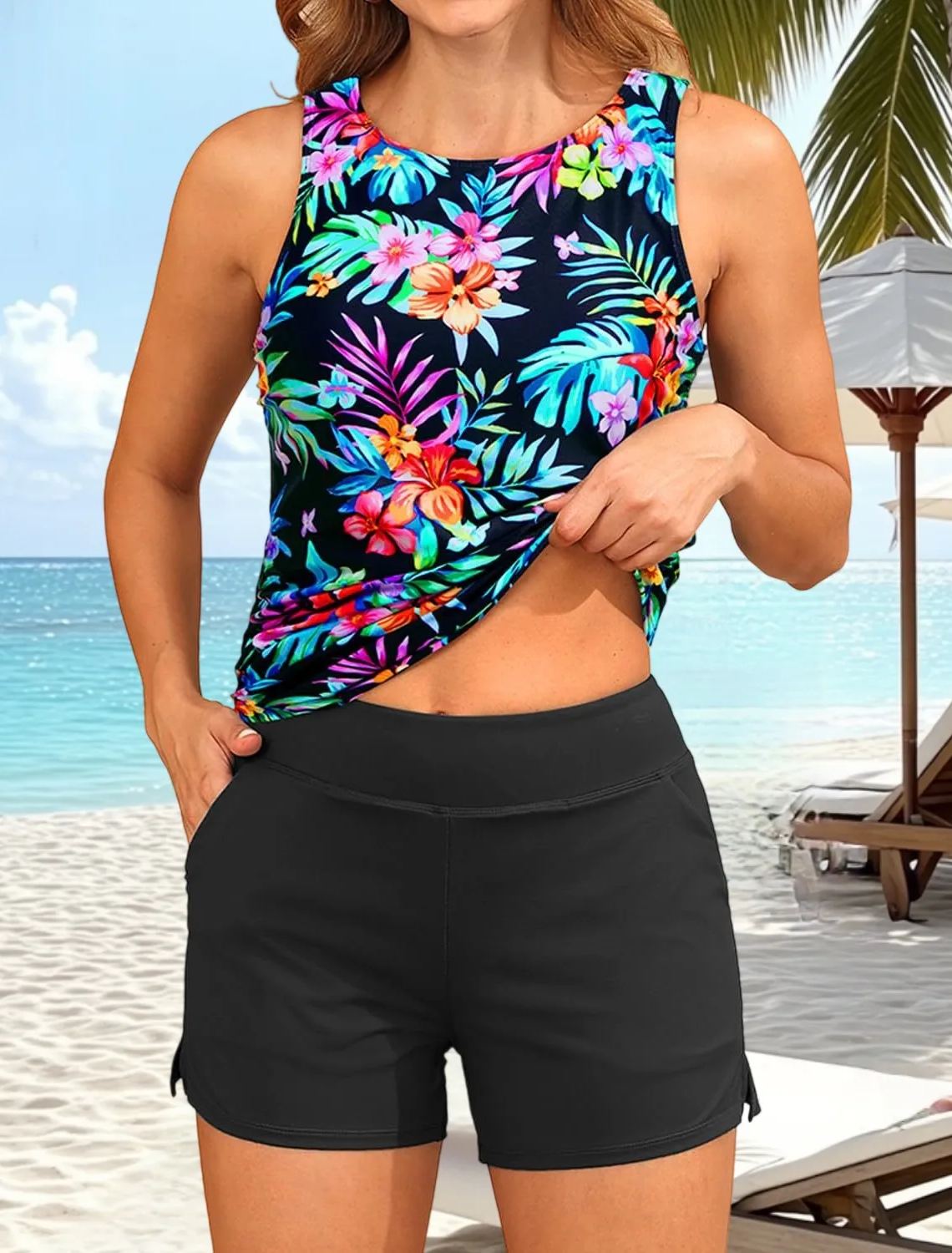  Floral Print High Neck Wide Straps Tankini Set 