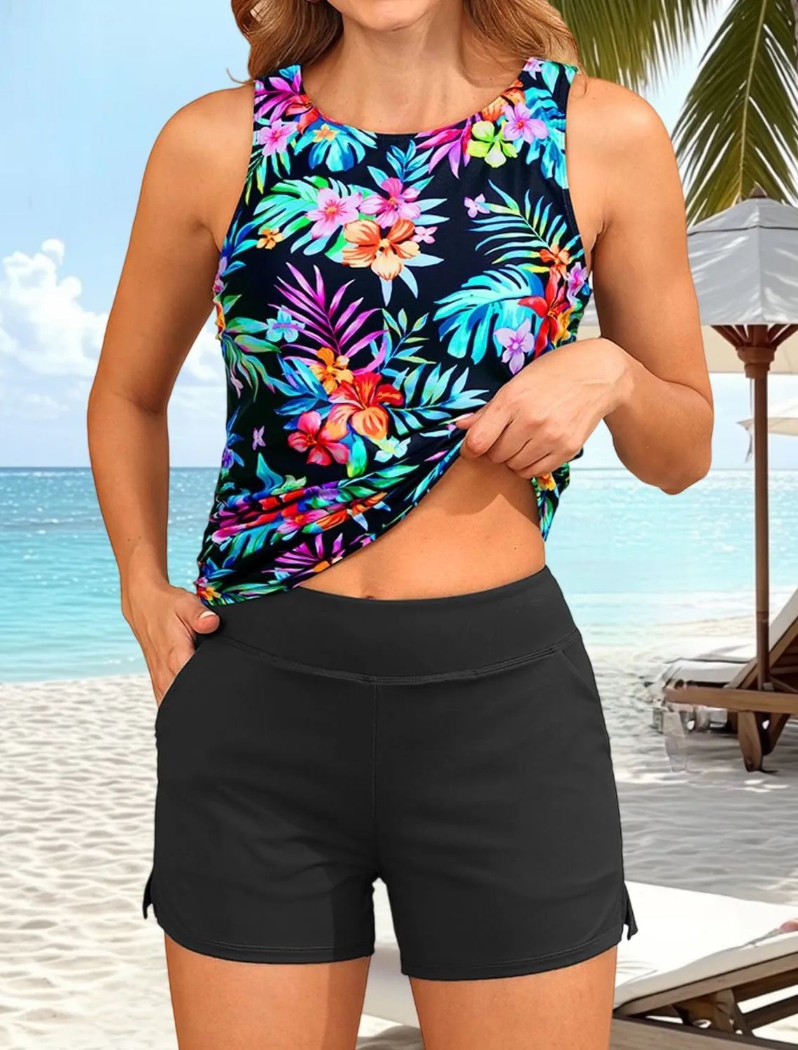 Floral Print High Neck Wide Straps Tankini Set