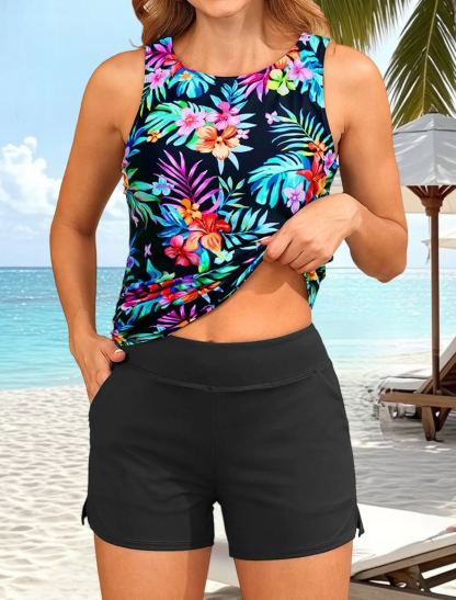 Floral Print High Neck Wide Straps Tankini Set 