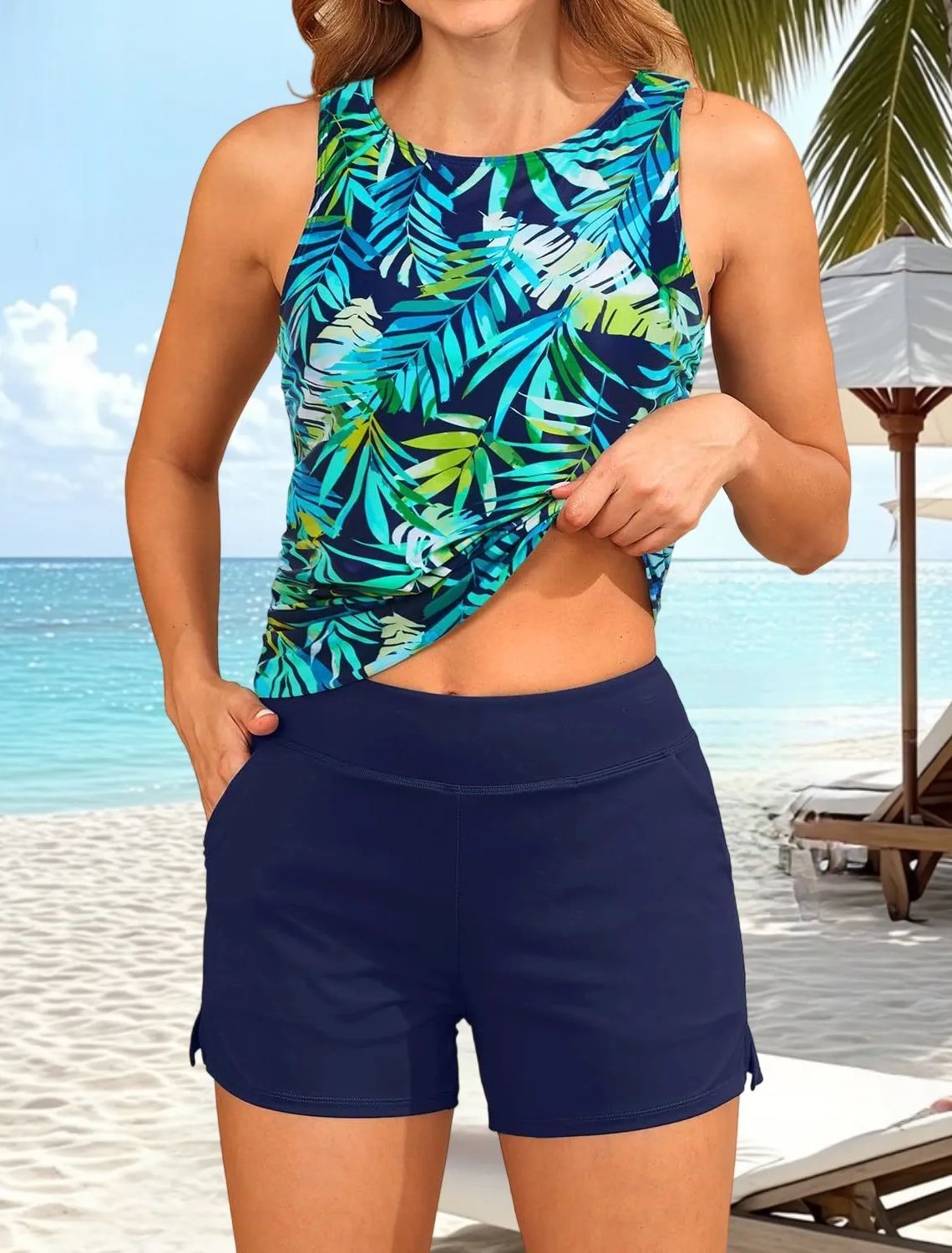 Floral Print High Neck Wide Straps Tankini Set
