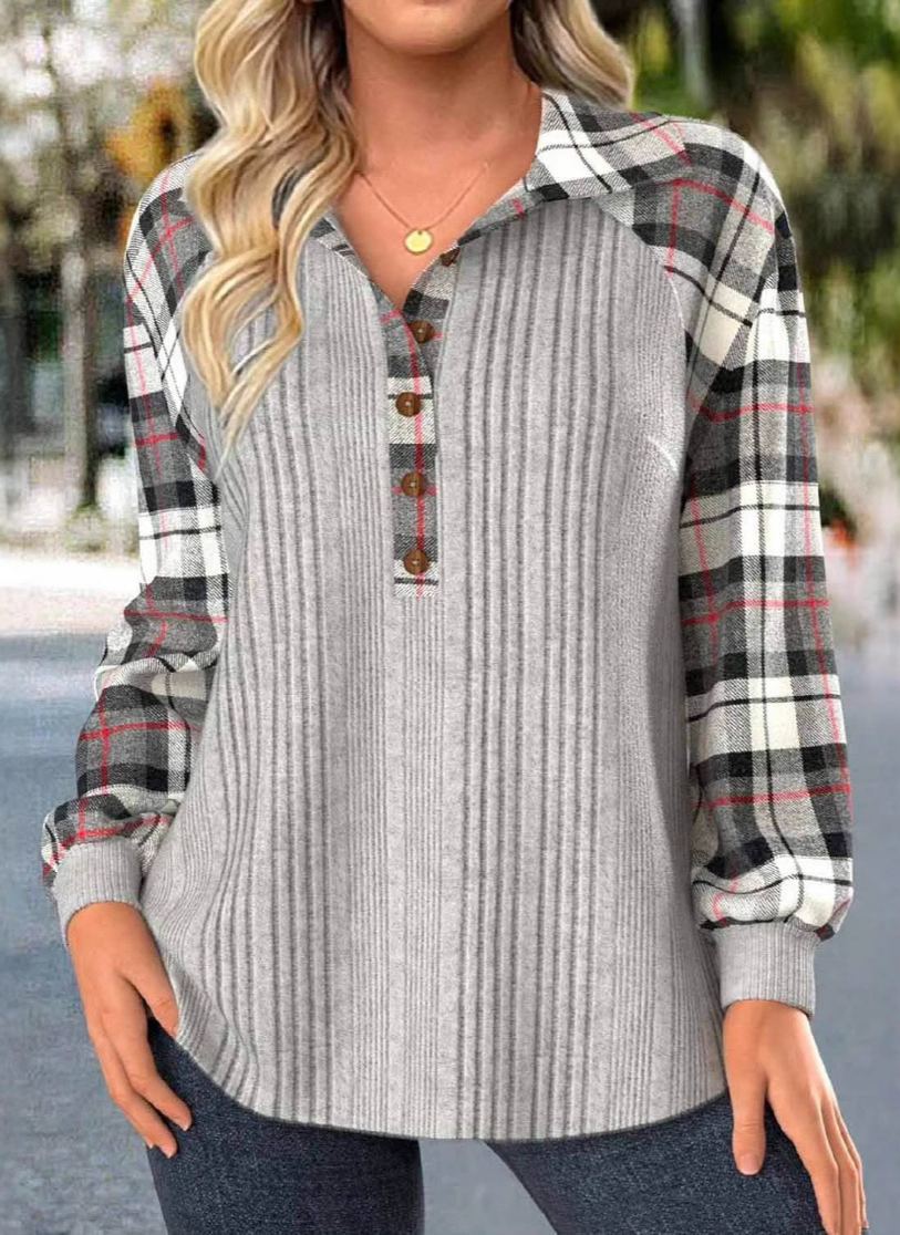 Tummy Coverage Plaid Long Sleeve T Shirt
