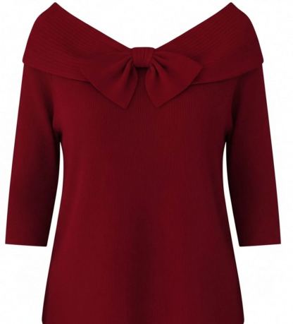   Round Neck 3/4 Sleeve Bow Casual Knit Pullover