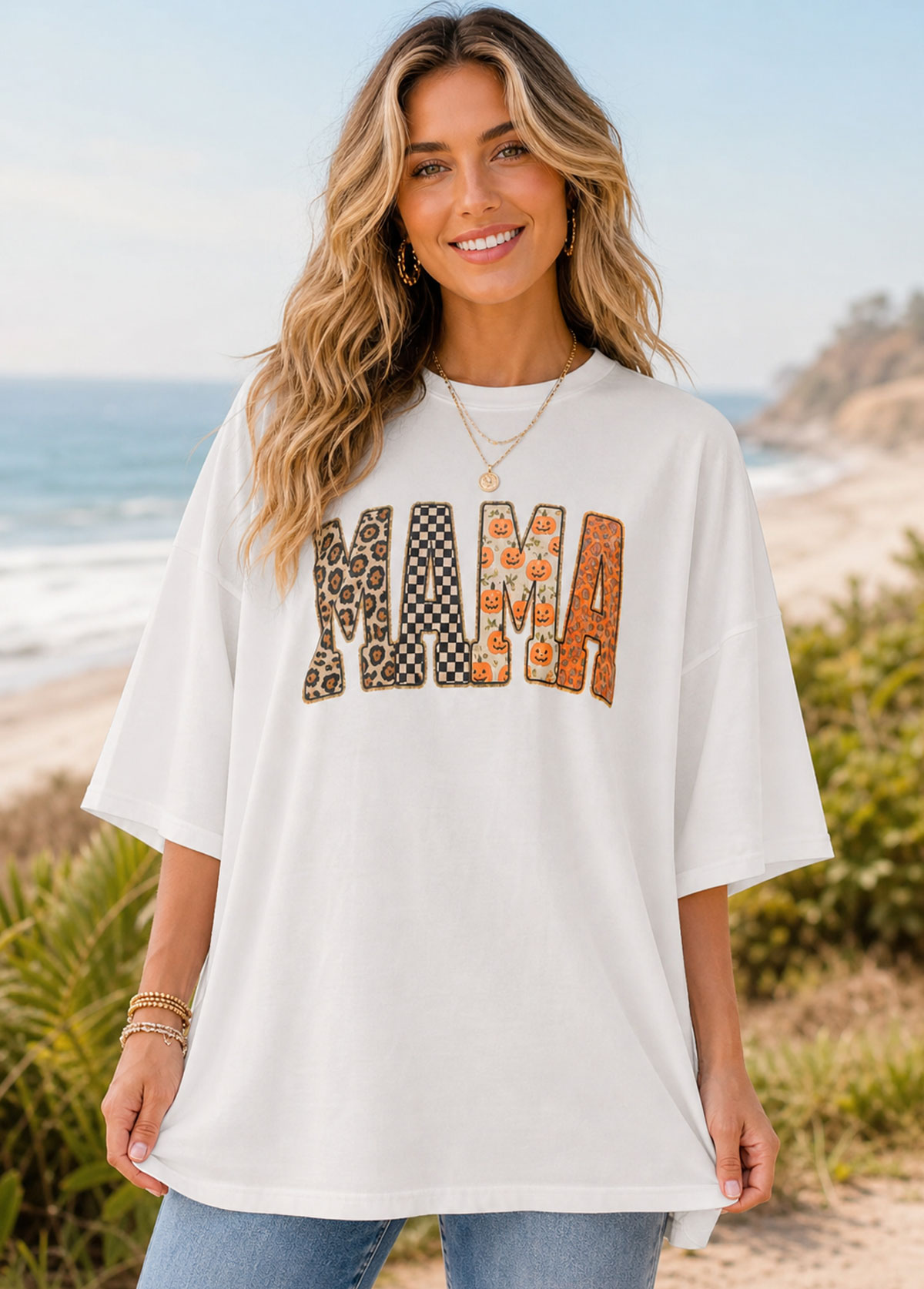Women Halloween Graphic MAMA Block Letter Oversized T-Shirt