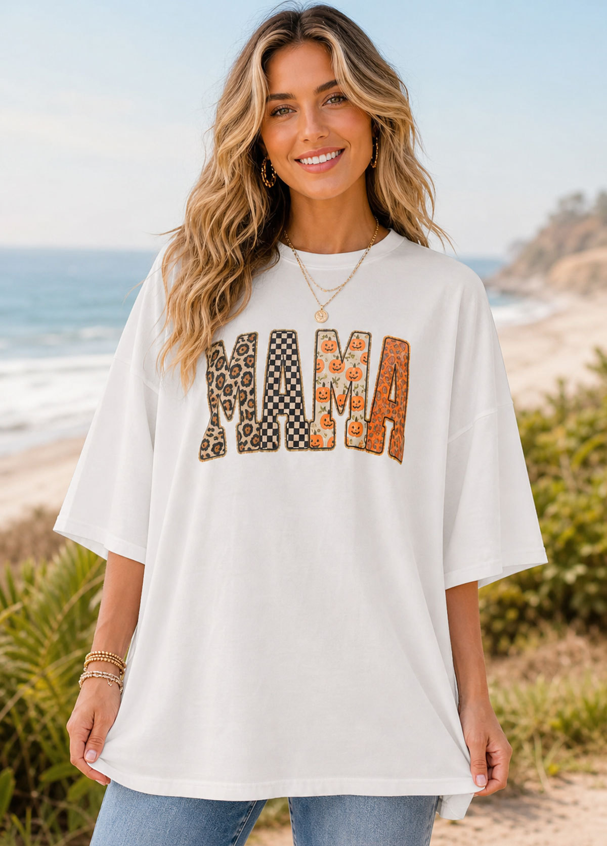 Women Halloween Graphic MAMA Block Letter Oversized T-Shirt