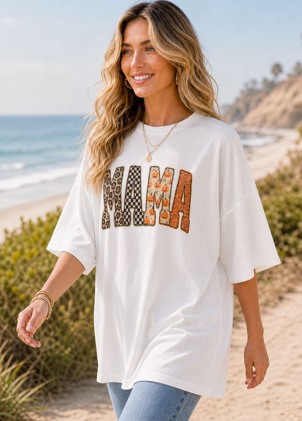 Women Halloween Graphic MAMA Block Letter Oversized T-Shirt