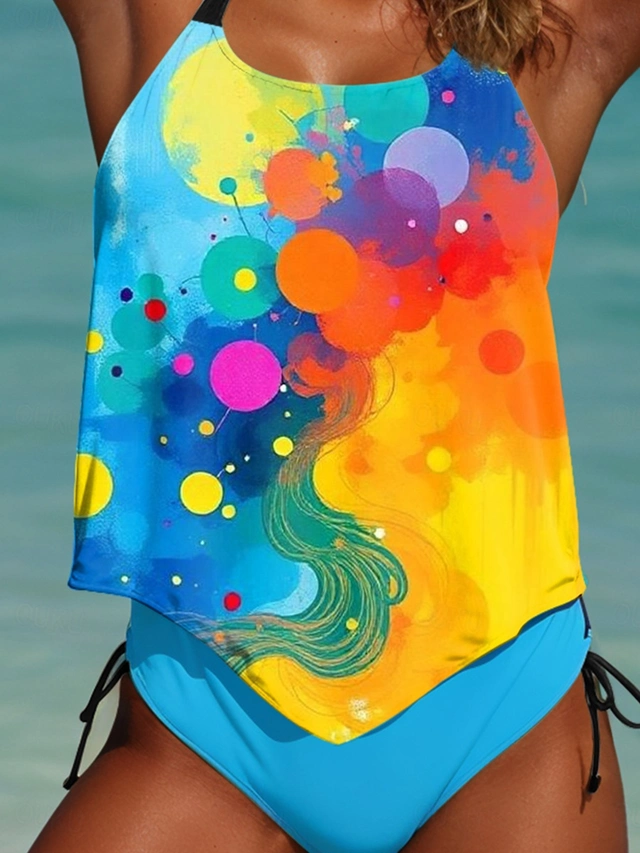 Floral Print Ombre Graphic U Neck Tankini Set