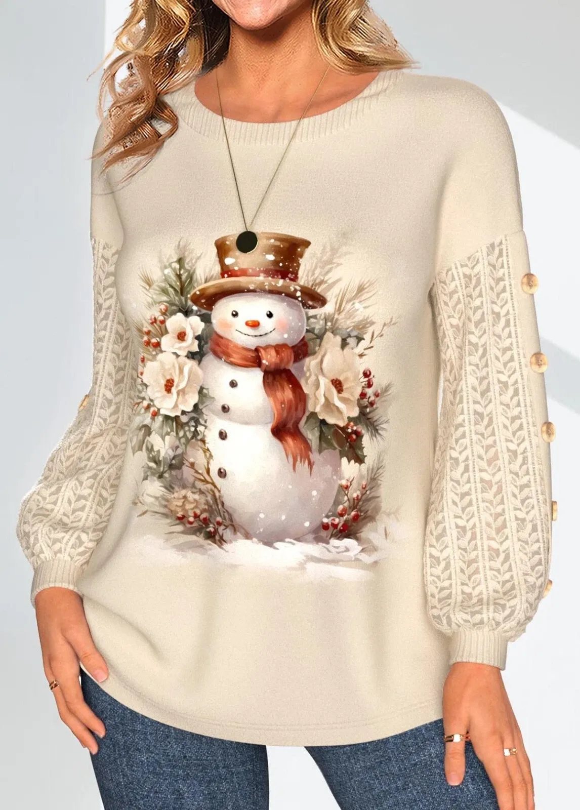 Christmas Lace Snowman Print Long Sleeve Round Neck Sweatshirt