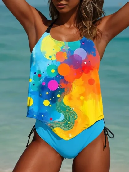 Floral Print Ombre Graphic U Neck Tankini Set