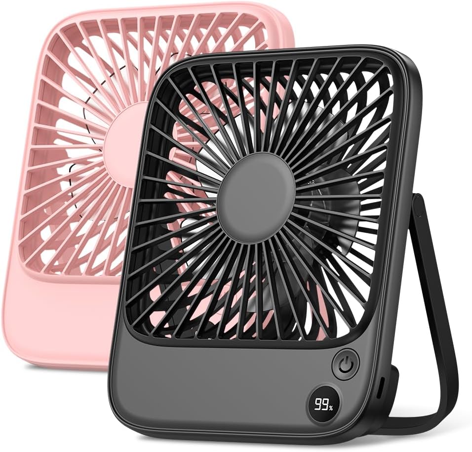 Set de 2 ventiladores portátiles de escritorio, 5000 mAh, 4 velocidades, silenciosos y ajustables.