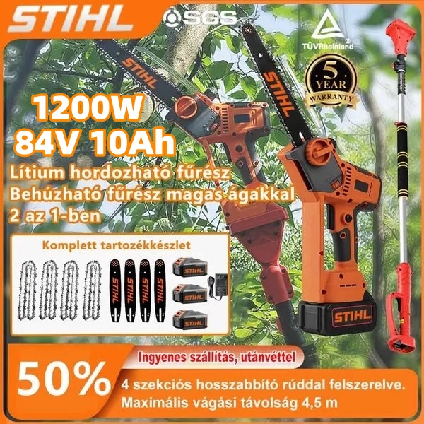 STIHL 1500W-os teleszkópos láncfűrész – lítium akkumulátorral és hosszabbító rúddal