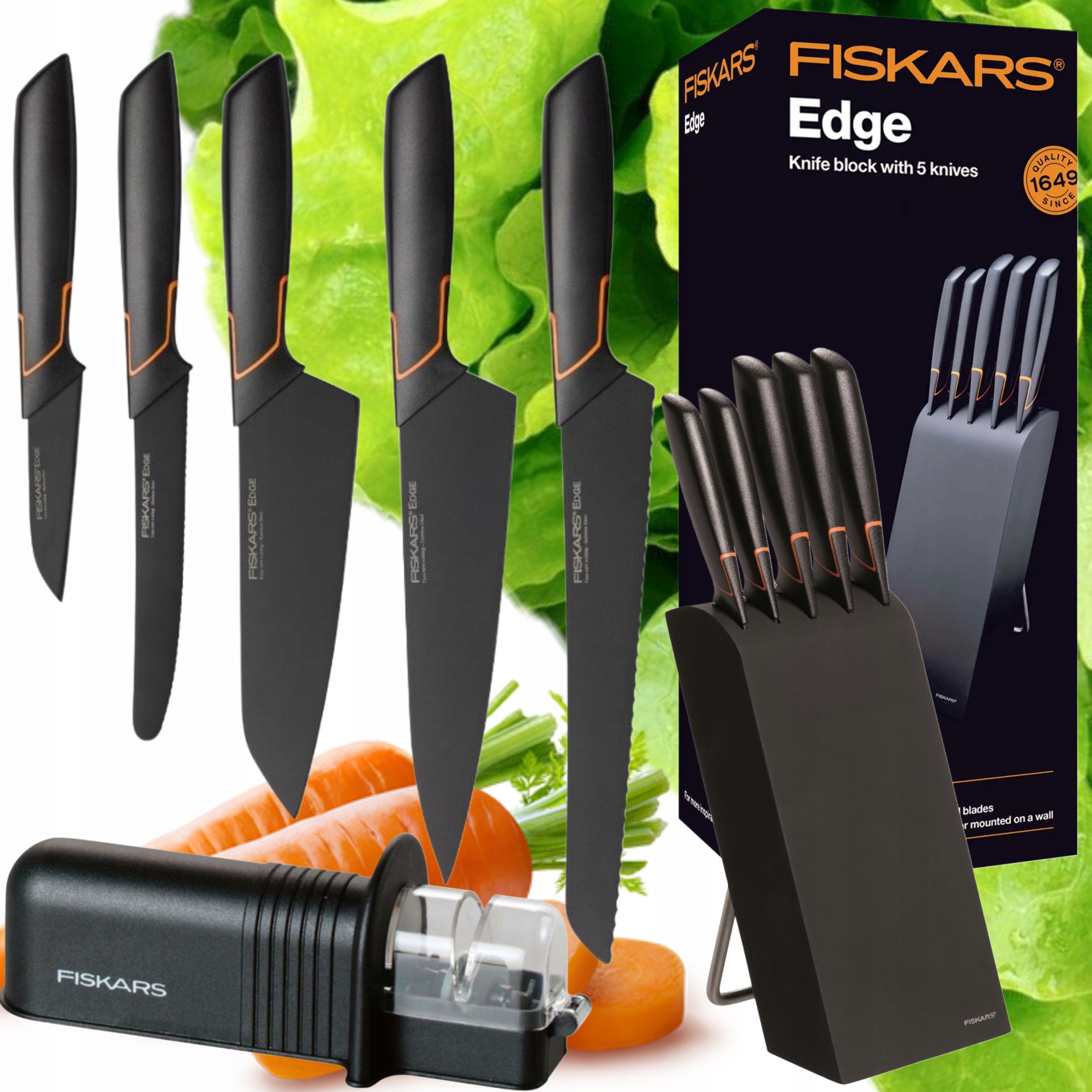 Limitált kiadás: Fiskars Edge 5 darabos késkészlet blokktartóval + élező szett – Éles konyhakések minden napra