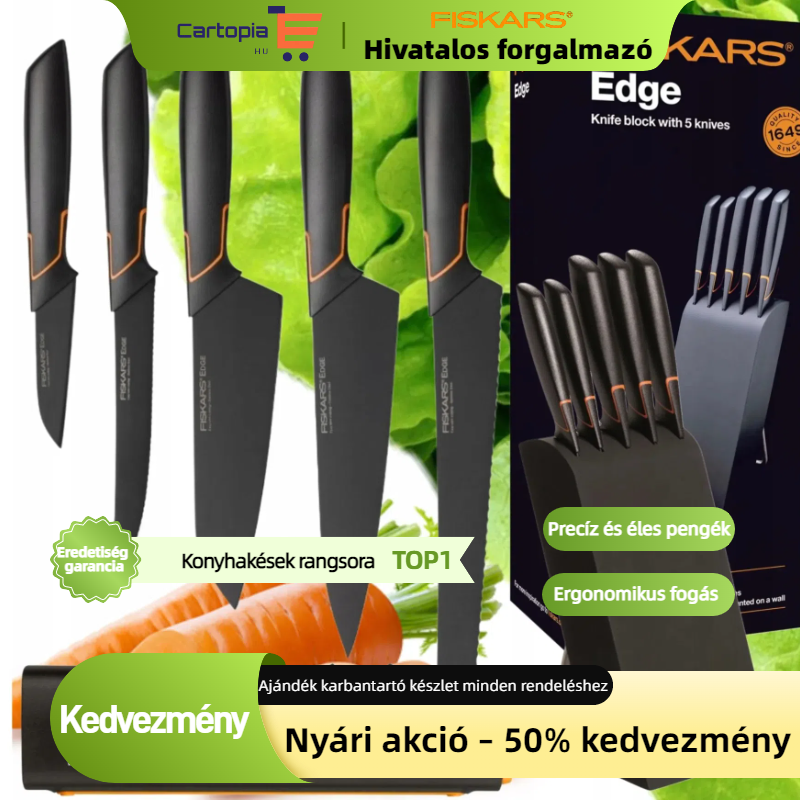 Limitált kiadás: FISKARS® 5 DB-OS KÉSKÉSZLET FISKARS EDGE BLOKKBAN, ÉLES KONYHAKÉS + ÉLEZŐ SZETT