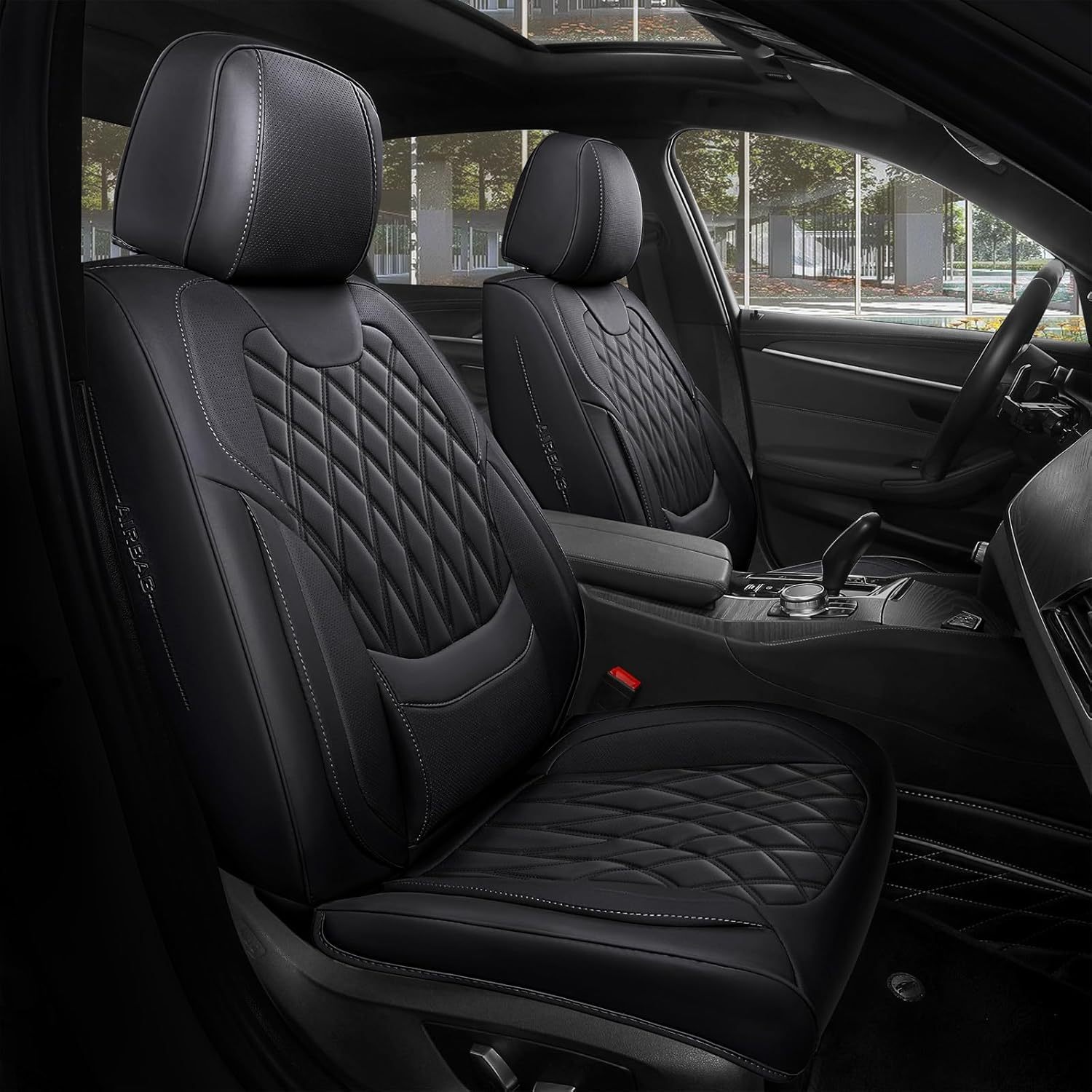 FREESOO Autó Üléshuzat Szett – Műbőr Nappa Üléshuzatok, Légáteresztő, Vízálló Első Ülésekhez, Deréktámaszos Párnával, Univerzális Méret Szedánokhoz, SUV-okhoz és Pickup-okhoz