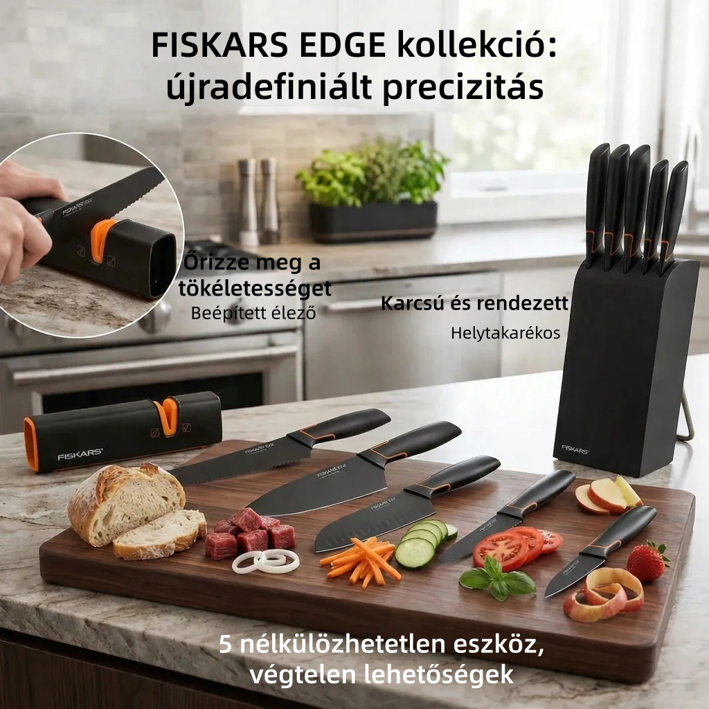 Limitált kiadás: FISKARS® 5 darabos késkészlet blokkal – FISKARS EDGE, éles konyhakés + élező