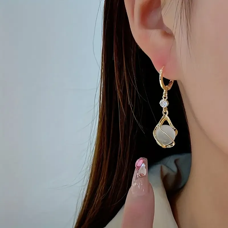 Moonstone Bead Shiny Rhinestone Decor Dangle Earrings Elegant Simple Style Copper Jewelry Delicate Female Gift