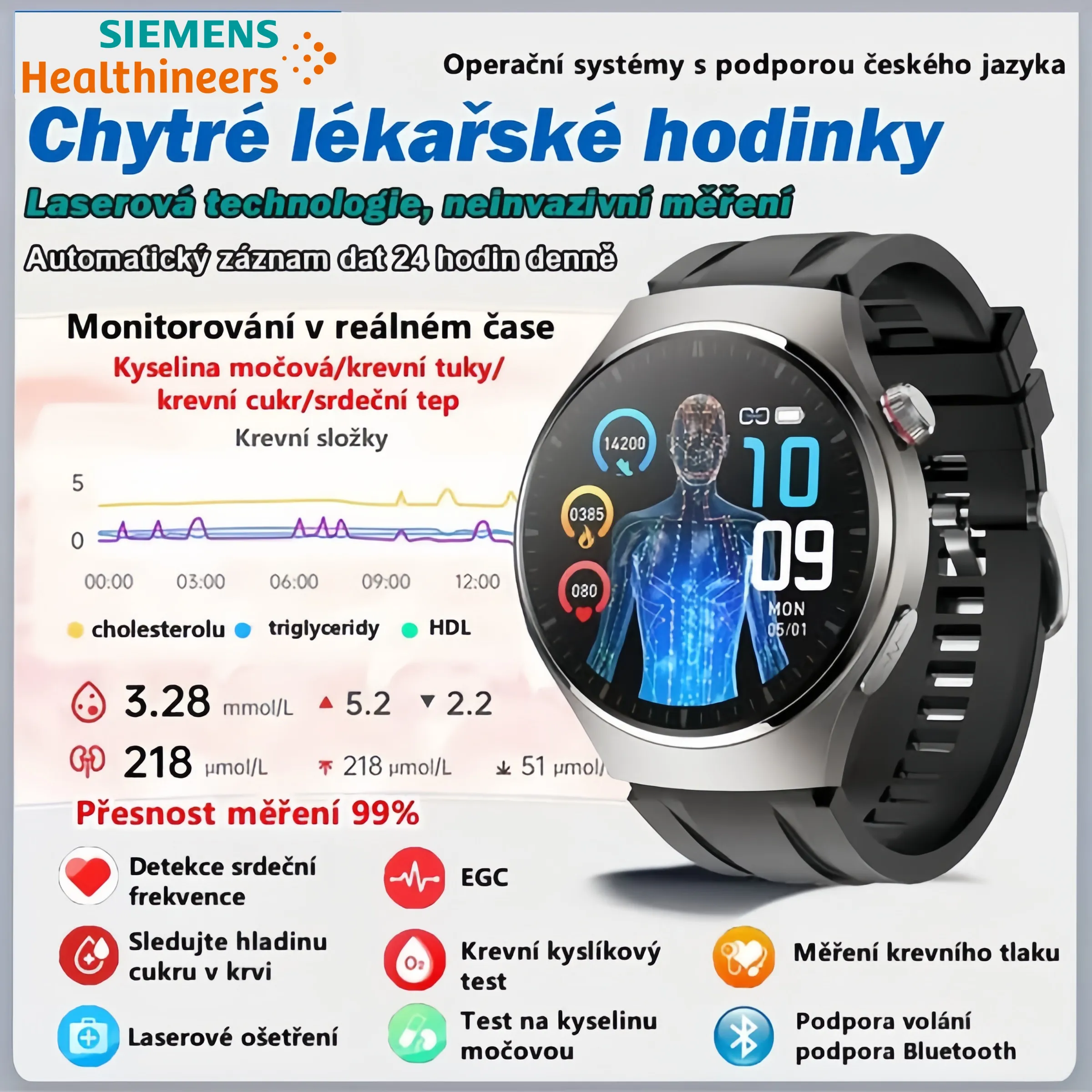 Hodinky Siemens s laserovou terapií: osobní asistent pro sledování zdraví, monitorující srdeční frekvenci, krevní tlak a hladinu cukru v krvi