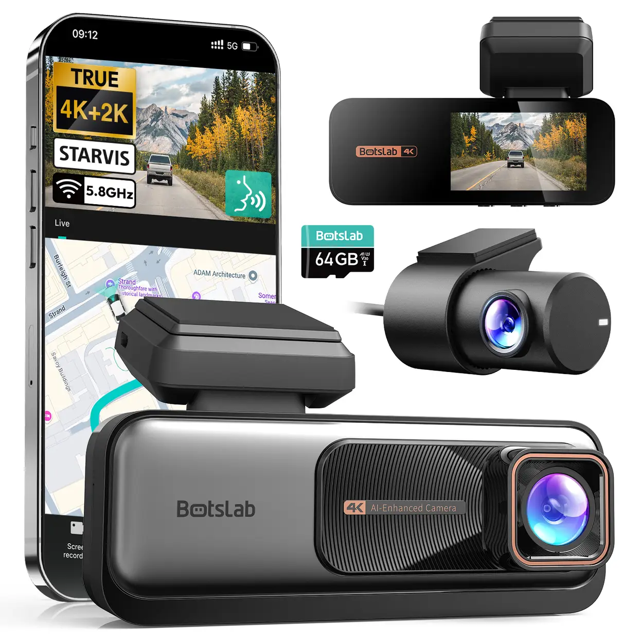 Autokamera BOTSLAB 4K je vybavena dvěma předními a zadními kamerami, ultraširokoúhlým objektivem s úhlem záběru 170° a podporuje technologii 4K+2K+AI. Součástí jsou systémy ADAS (pokročilé asistenční systémy pro řidiče), noční vidění, nepřetržitý parkovac