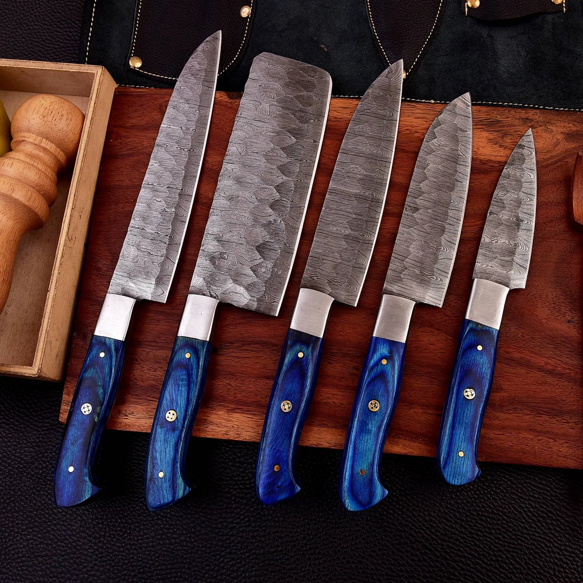 Personalised Damascus Steel Chef Set, Carbon Steel Chef Knif Set For Kitchen, Damascus Handmade Kitchen Set For Easter Gift, Cooking Knif.
