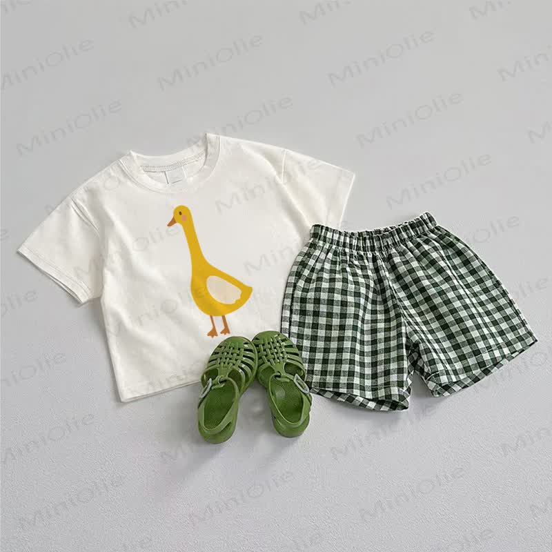 Completo 2 pezzi con maglietta verde e pantaloncini a quadri con stampa di un'anatra. - Bianco e Verde - 3-5T - image 1