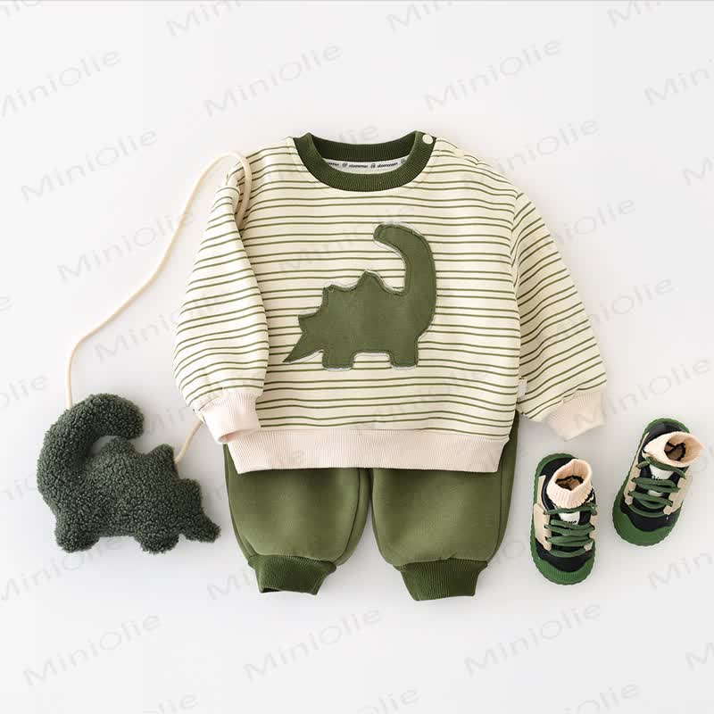 Top e pantaloni a righe verdi per bambini con dinosauro - image 4