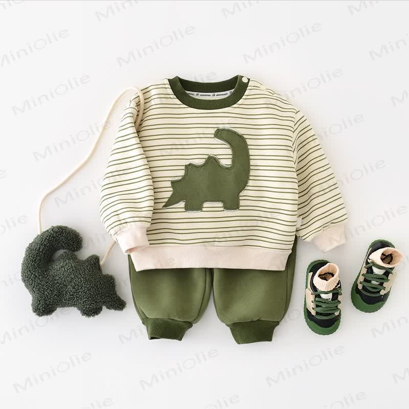 Top e pantaloni a righe verdi per bambini con dinosauro - image 4