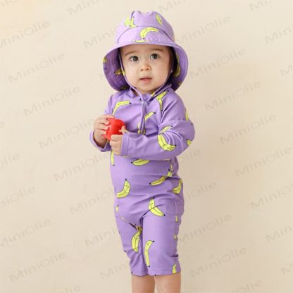 Costume da bagno per bambini con motivo mela e banana e cappello parasole - Viola - 6-7T - image 3