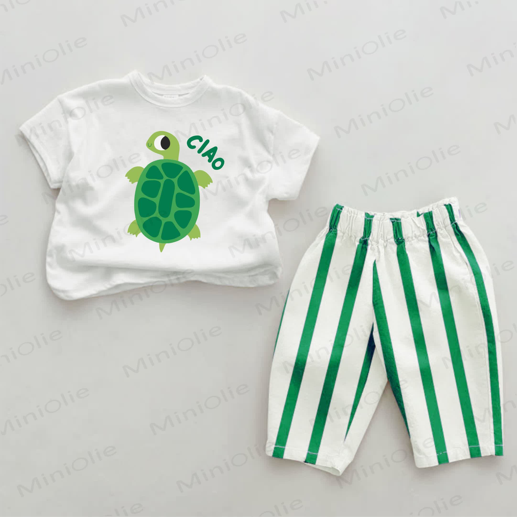 Completo CIAO Baby a righe con stampa tartaruga verde, composto da 2 pezzi. - Verde e Bianco - 2-3T - image 1