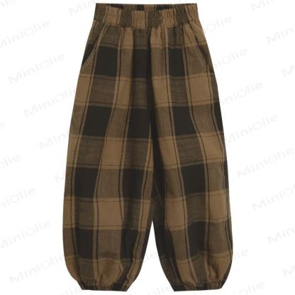 Pantaloni da jogging larghi a quadri color caffè per bambini piccoli - image 5