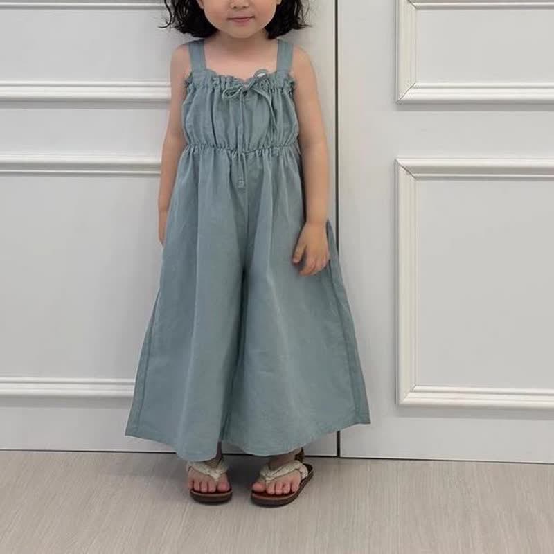 Salopette vintage con fiocco in tinta unita per bambini - Blu - 5-6T - image 6