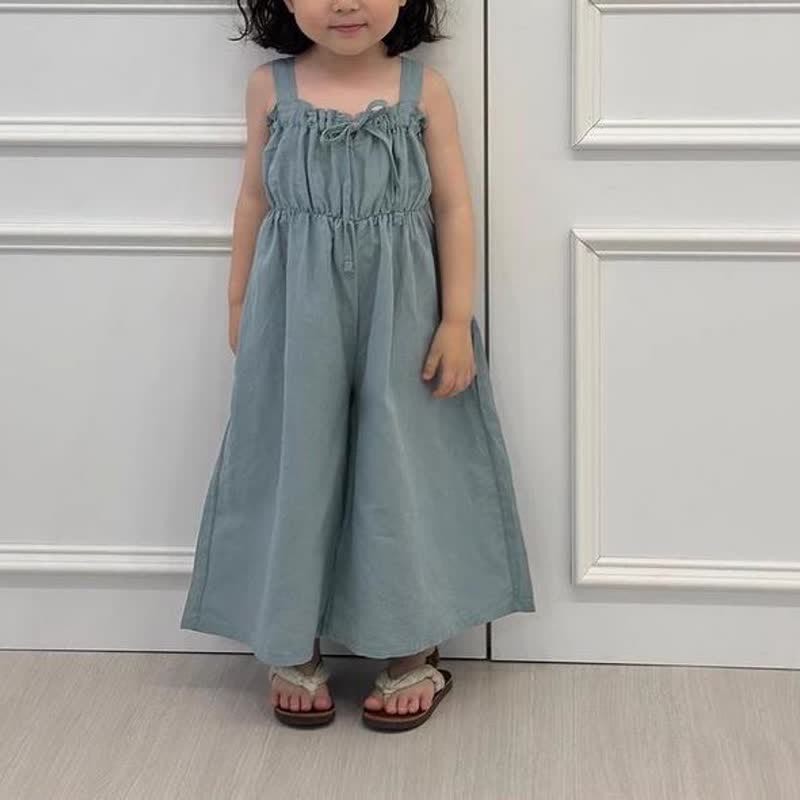 Salopette vintage con fiocco in tinta unita per bambini - Blu - 5-6T - image 6