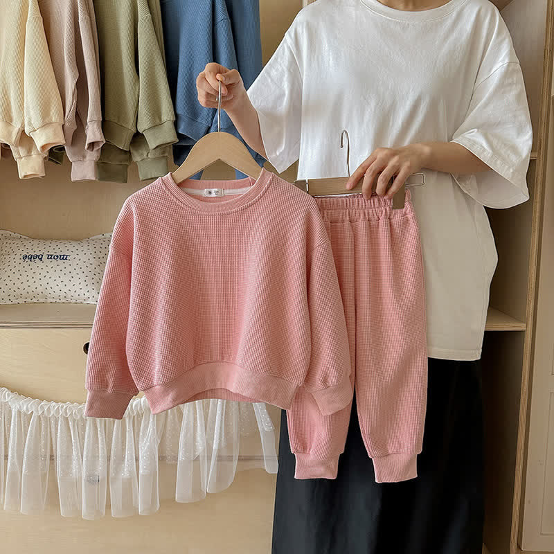 Set da 2 pezzi per bambini, composto da felpa e pantaloni a nido d'ape in tinta unita - Rosa - 7-9T - image 3