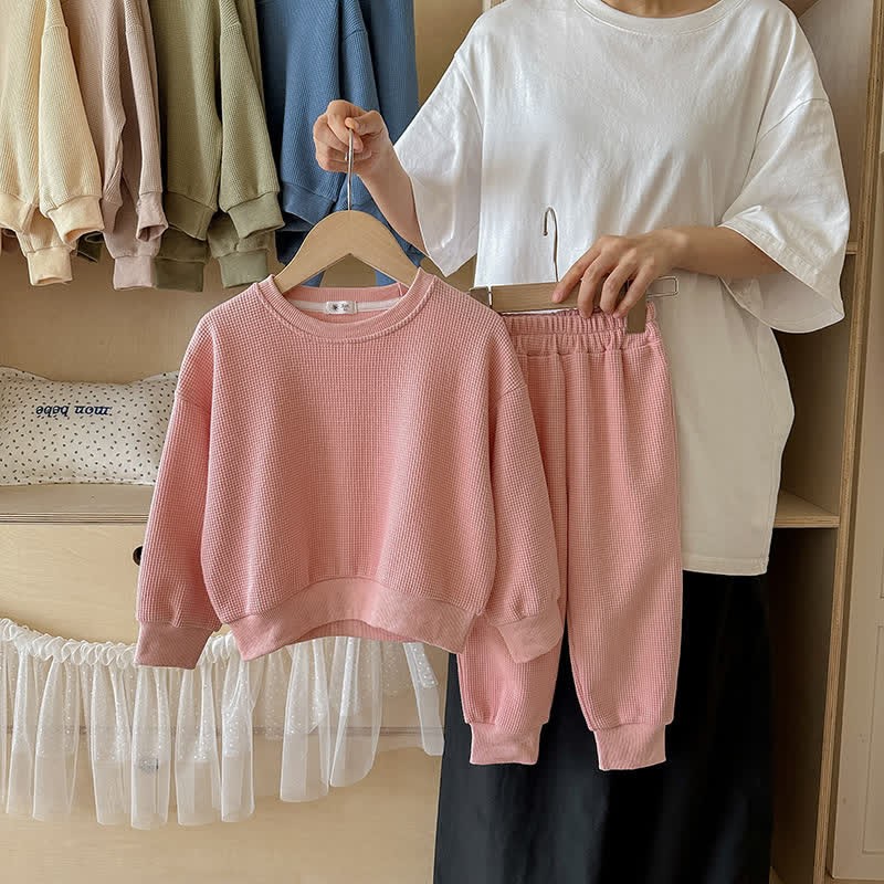 Set da 2 pezzi per bambini, composto da felpa e pantaloni a nido d'ape in tinta unita - Rosa - 7-9T - image 3