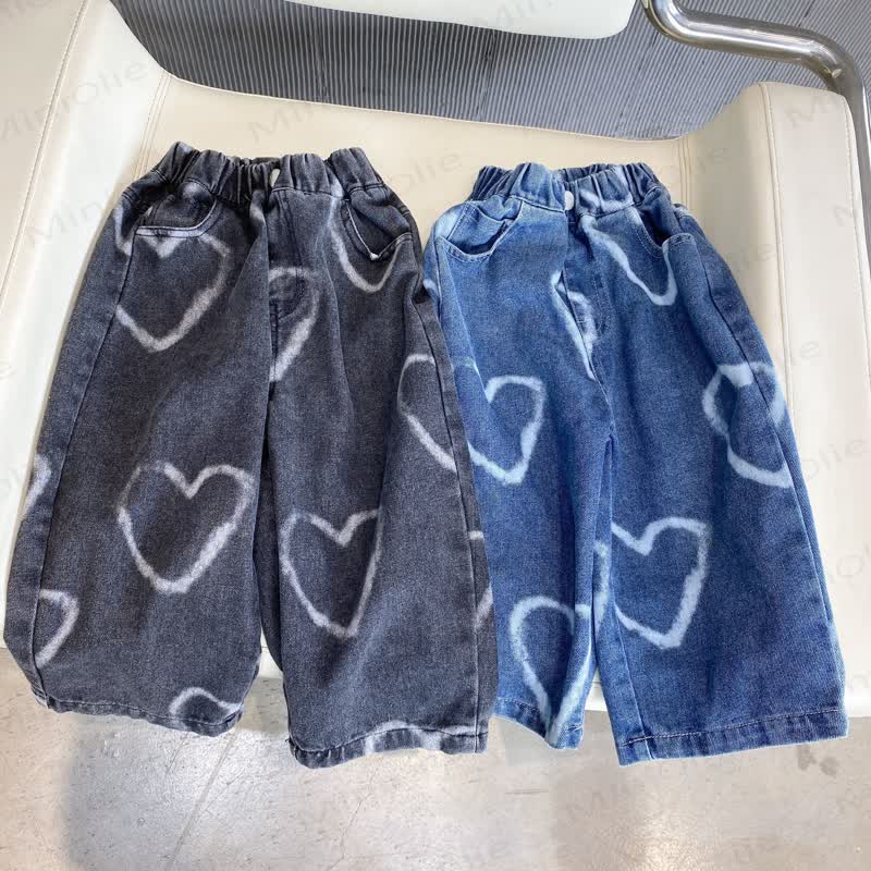 Pantaloni larghi in denim con cuore adorabile per bambini - image 1