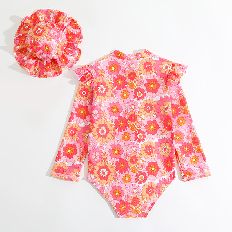 Costume intero da bagno a fantasia floreale per bambina con cappellino incluso. - image 2