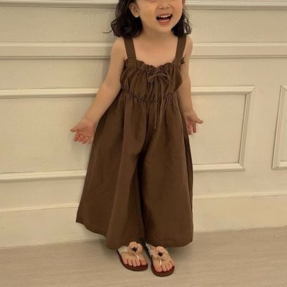 Salopette vintage con fiocco in tinta unita per bambini - Marrone - 5-6T - image 1