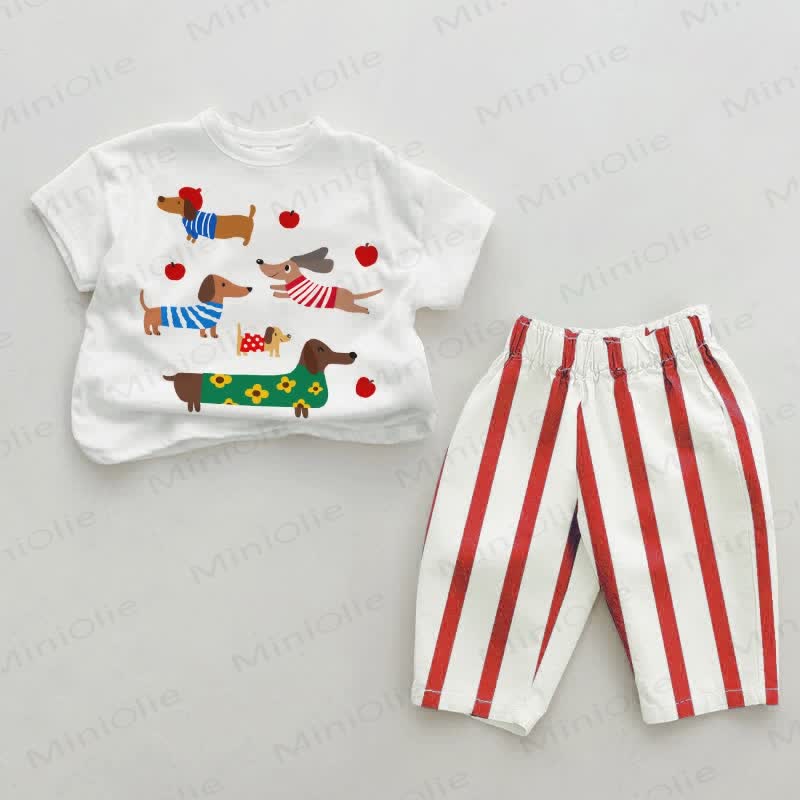 Set da 2 pezzi a righe verticali rosse per bassotto - Bianco e rosso - 2-3T - image 1