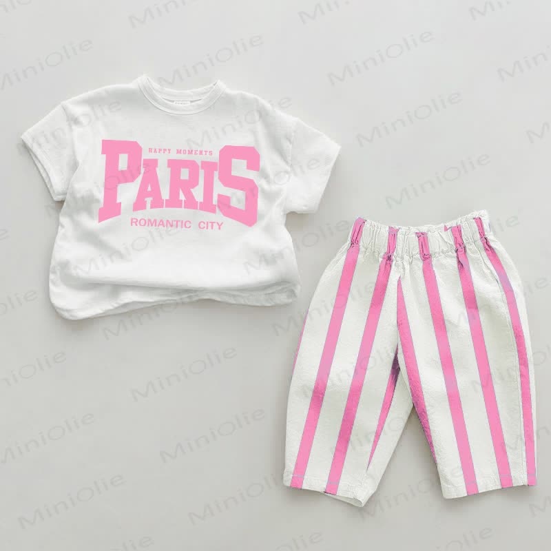 PARIS ROMANTIC CITY Completo 2 pezzi a righe verticali rosa baby - Bianco e rosa - 2-3T - image 1