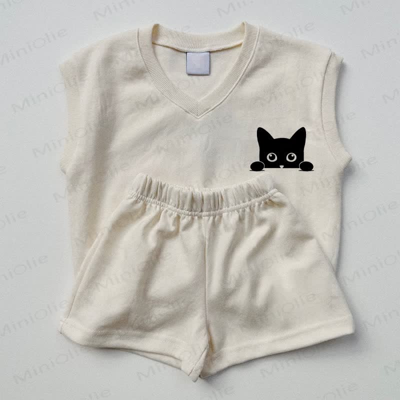 Completo senza maniche da 2 pezzi con simpatico gatto per bambini - Beige - 2-3T - image 1