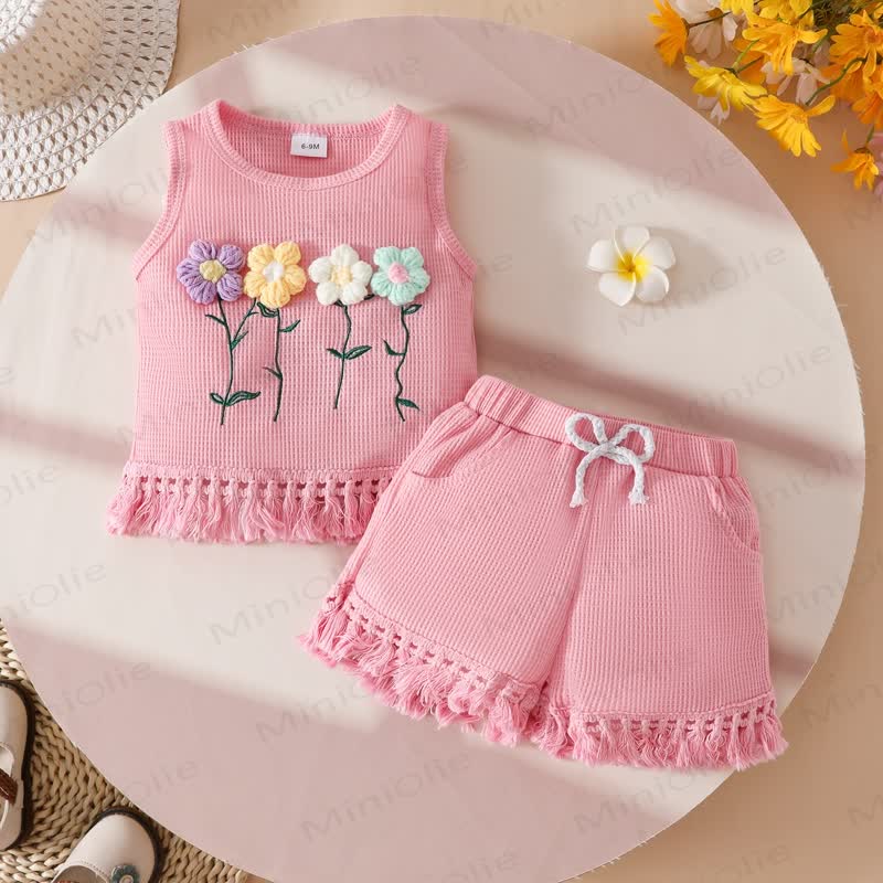 Set 2 pezzi per neonato con nappe e fiori 3D senza maniche - image 2
