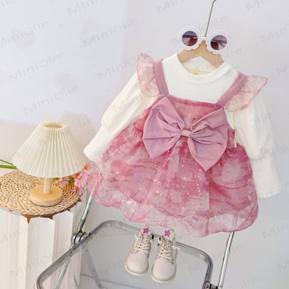 Vestito in tulle glitterato con fiocco per neonato - Rosa - 3-5T - image 1