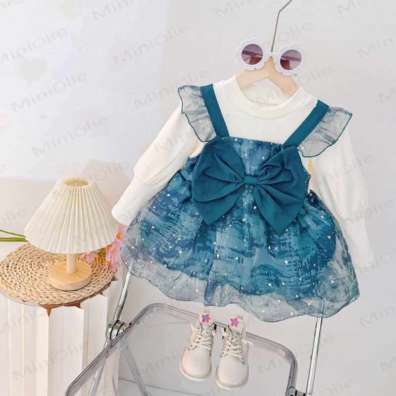 Vestito in tulle glitterato con fiocco per neonato - Blu - 3-5T - image 4