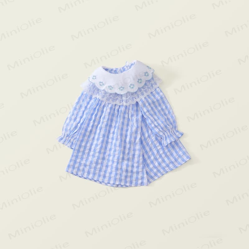 Vestito con revers in pizzo a fiori e scozzesi blu per bambini - image 2