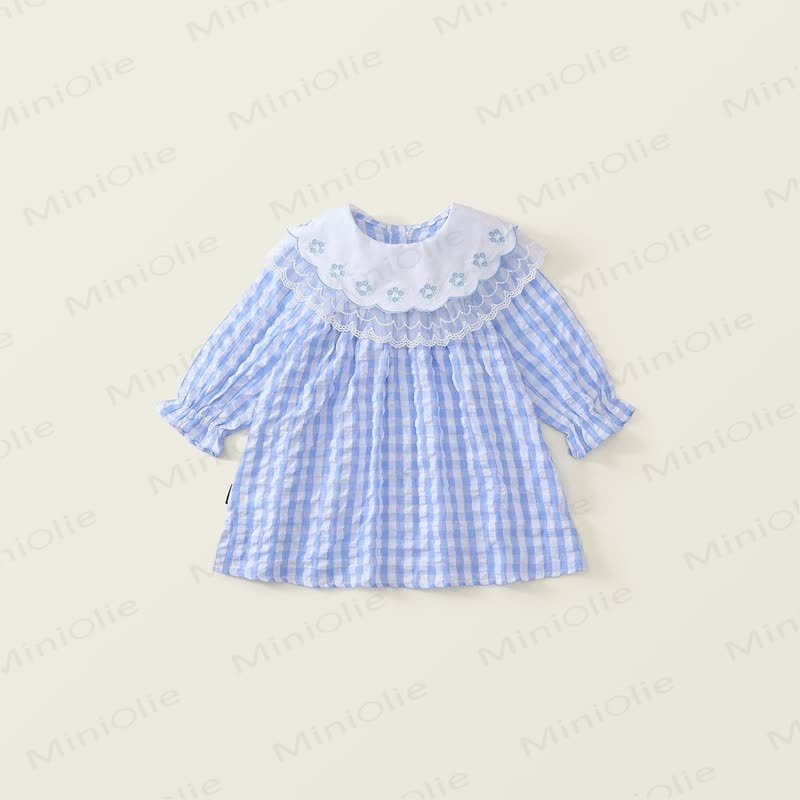 Vestito con revers in pizzo a fiori e scozzesi blu per bambini - Blu - 10 anni - image 1